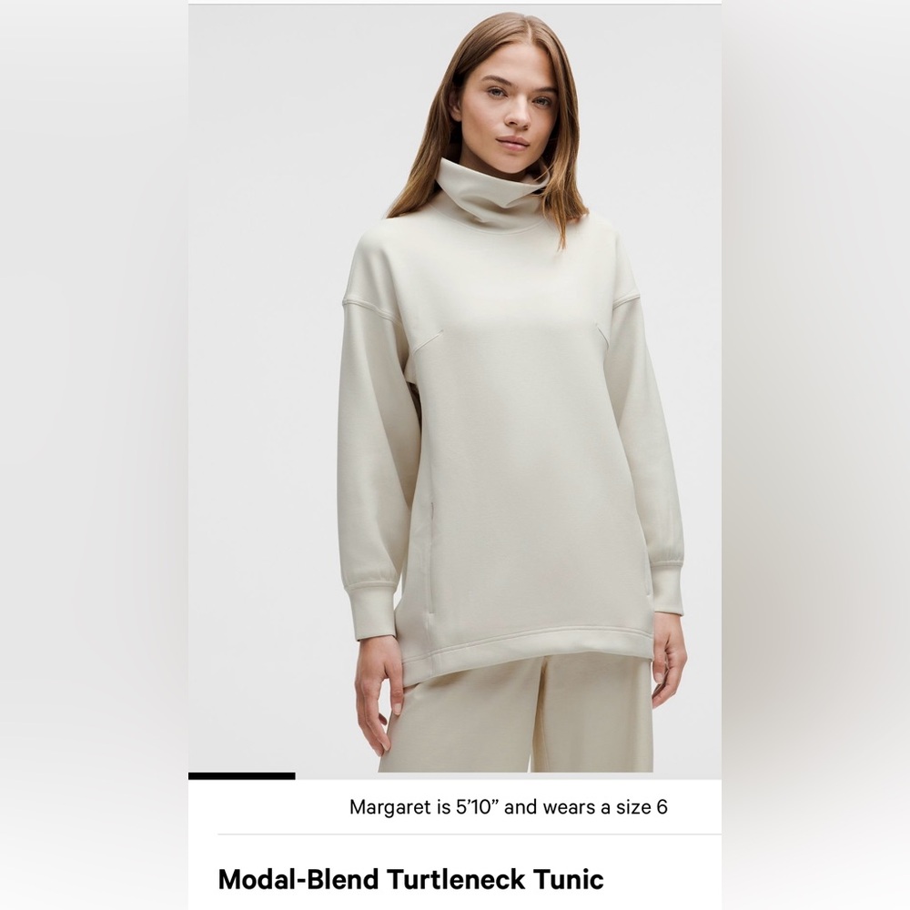 Modal-blend Turtle neck tunic. Bone color. Size 8.